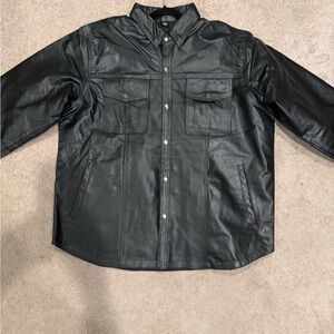 Men's Black Casual Button Down leather shirt .